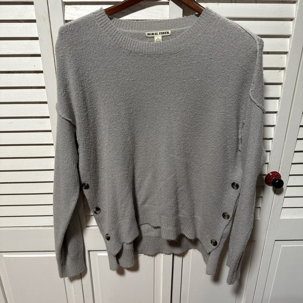 Moral Fiber Gray Crew Neck Sweater with Button Accents